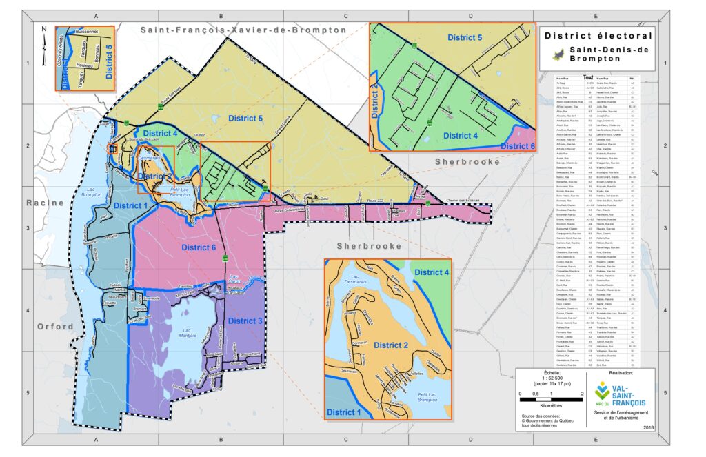 Carte des districts de Saint-Denis-de-Brompton